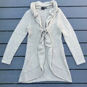 Gray beige long knit cardigan with ruffle tie front, cottagecore boho chic